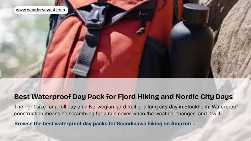 Compact waterproof day pack with rain cover essential daily bag for fjord hiking and city days in Scandinavia