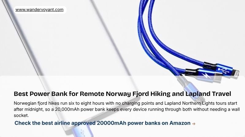 Slim 20000mAh power bank with charging cable essential gadget for remote Norway fjord hiking and Finnish Lapland travel