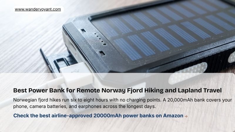 Slim 20000mAh power bank with charging cable essential gadget for remote Norway fjord hiking and Finnish Lapland travel