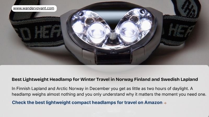 Compact lightweight headlamp essential for short winter daylight hours in Norway Finland and Swedish Lapland travel
