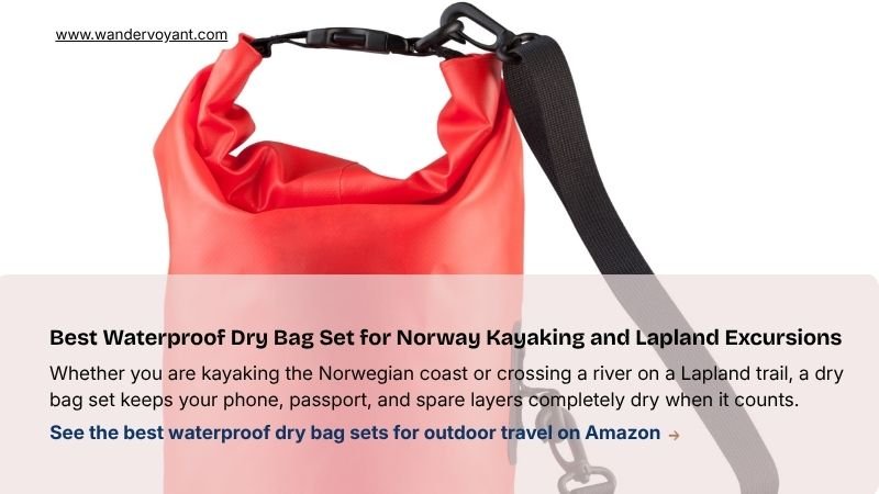 Red waterproof roll-top dry bag essential protective gear for Norway kayaking and Lapland excursions