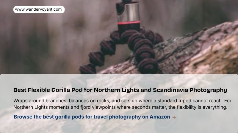 Flexible gorilla pod camera mount clipped to branch versatile photography tool for Northern Lights and Scandinavia travel