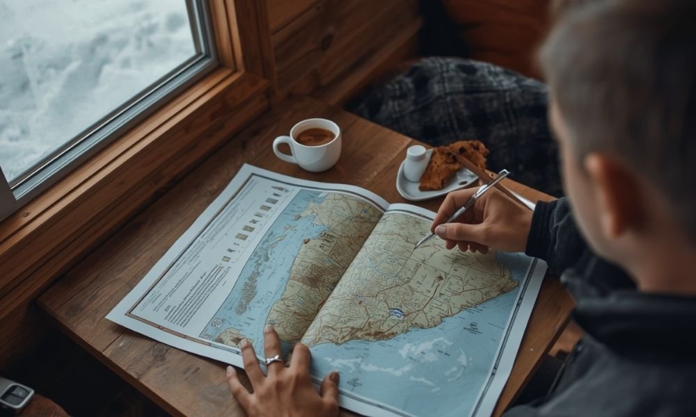 Traveler planning a Tromsø itinerary with a map and coffee inside a cozy Arctic cabin