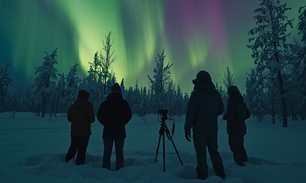 Small group watching the aurora borealis in the snow near Tromsø Norway at night