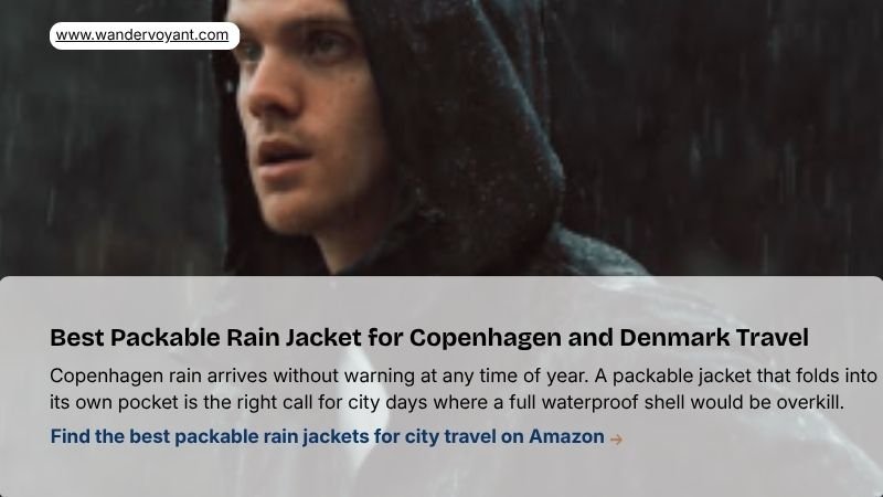 Lightweight packable rain jacket stuffed into its own pocket essential item for Copenhagen and Denmark packing list