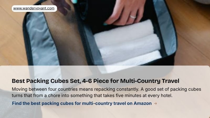 Four To Six coordinating travel packing cubes open showing folded clothing best organisation tool for Scandinavia travel