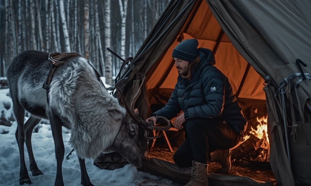 Traveler feeding a reindeer outside a Sami lavvu tent in the snow in northern Norway