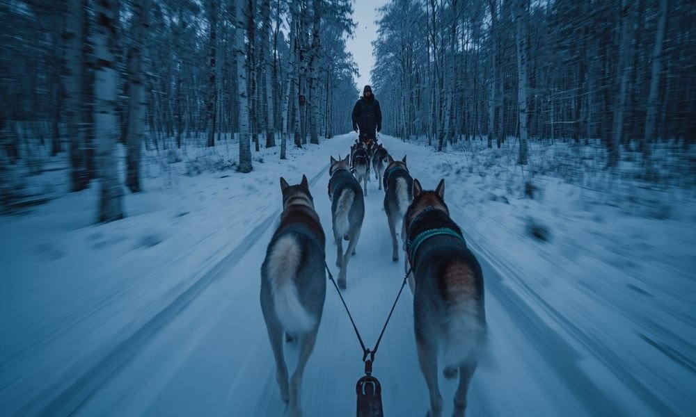 Self-drive husky sledding through a snow-covered forest in Tromsø Norway
