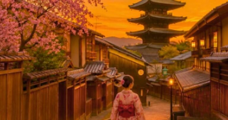 Aerial view of Kyoto itinerary highlights including temples, bamboo groves and golden pavilion at sunset