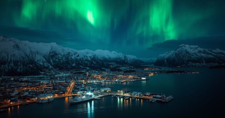 Tromsø city lights reflecting on the fjord with green Northern Lights over the mountains at night