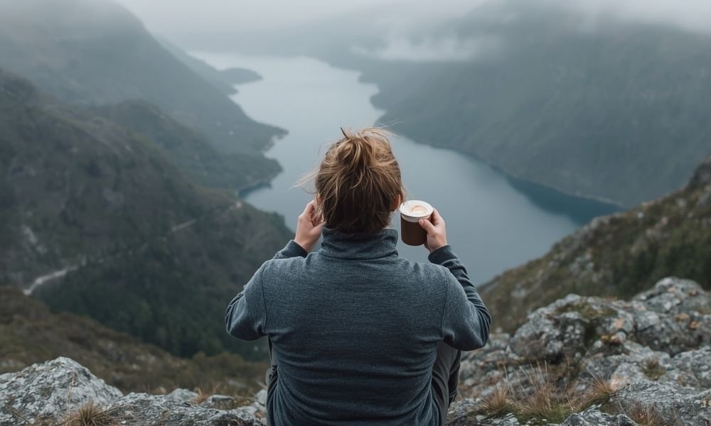 Traveler seen from behind sitting on a rocky Norwegian hillside overlooking a misty fjord valley wearing a fleece layer and holding a hot drink representing the importance of travel insurance in Scandinavia