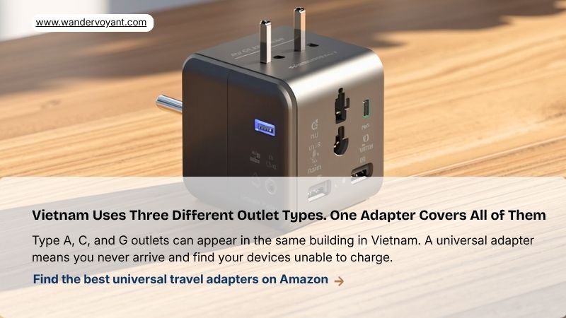 Universal travel adapter for Vietnam with multiple outlet types
