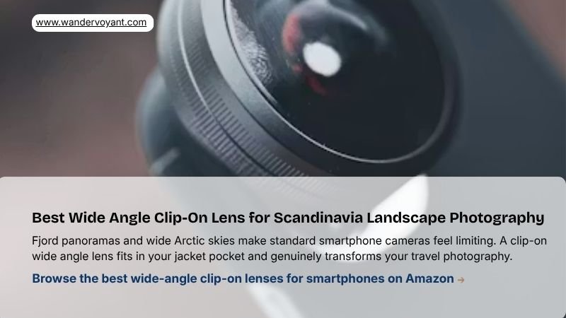 Wide angle clip-on lens on a smartphone capturing fjord panorama lightweight camera upgrade for Scandinavia travel