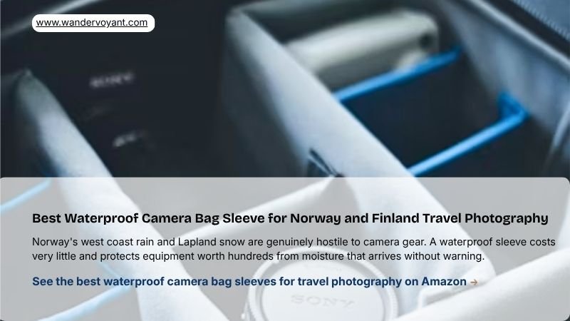 Waterproof camera bag sleeve protecting camera from rain essential gear for Norway and Finland travel photography