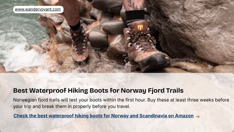 Sturdy waterproof hiking boots with ankle support on a rocky trail best footwear for Norway hiking and Scandinavia travel