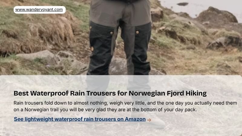 Lightweight waterproof rain trousers folded flat essential hiking addition for the Norway and Scandinavia packing list