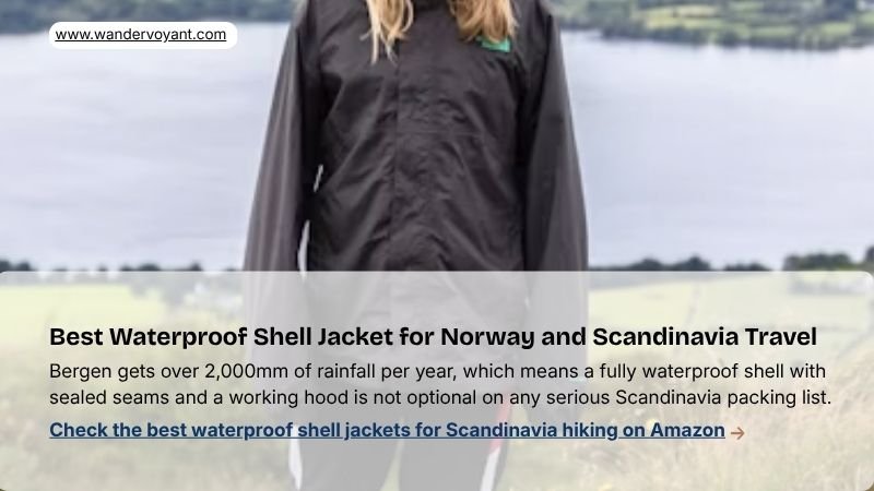 Fully waterproof shell jacket with sealed seams and hood most important outer layer for Norway and Scandinavia packing list