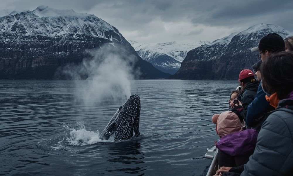 Humpback whale surfacing beside a small boat on an Arctic fjord in Tromsø Norway