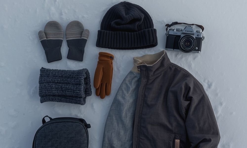 Arctic travel essentials flat lay including merino wool layers gloves and hand warmers in the snow