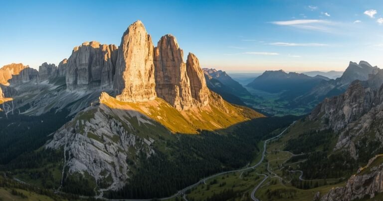 Panoramic view of the Dolomites mountains at golden hour from above Bolzano, South Tyrol Italy