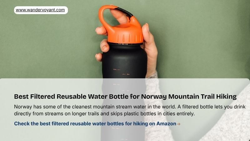 Filtered reusable water bottle beside a Norwegian mountain stream essential money saving item for Norway packing list