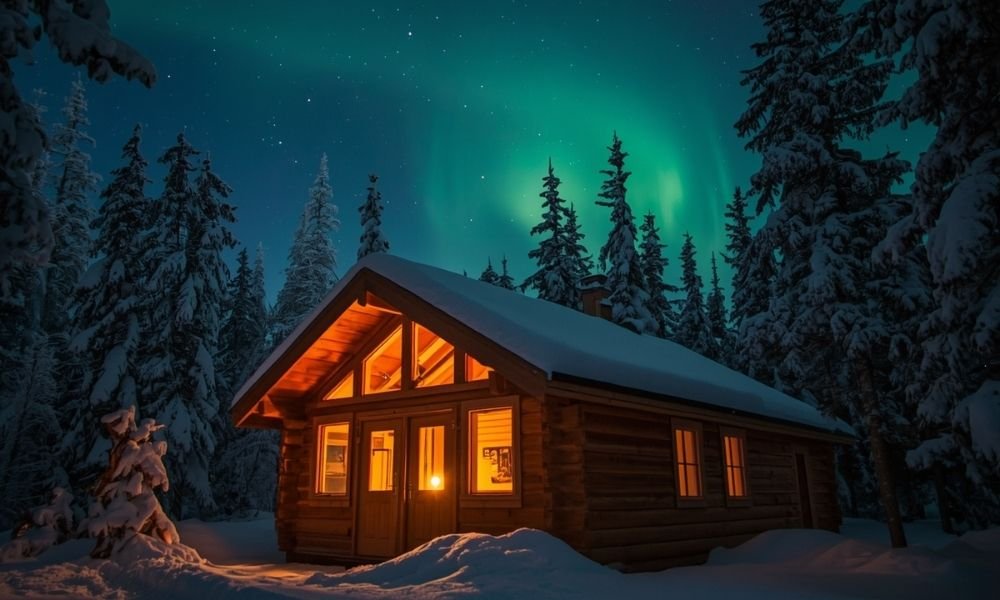 A cozy log cabin in Finnish Lapland at night with warm amber light glowing from the windows surrounded by snow-covered spruce trees and faint Northern Lights in the dark sky above