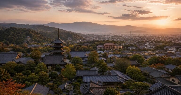 Aerial view of Kyoto itinerary highlights including temples, bamboo groves and golden pavilion at sunset