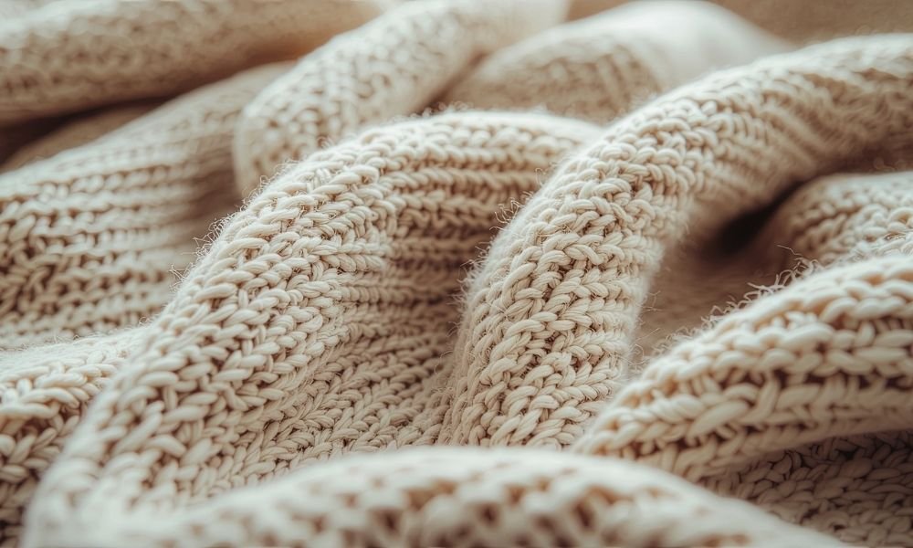 Close-up macro shot of fine merino wool fabric texture in oatmeal cream showing the natural weave detail ideal for Scandinavia travel base layers