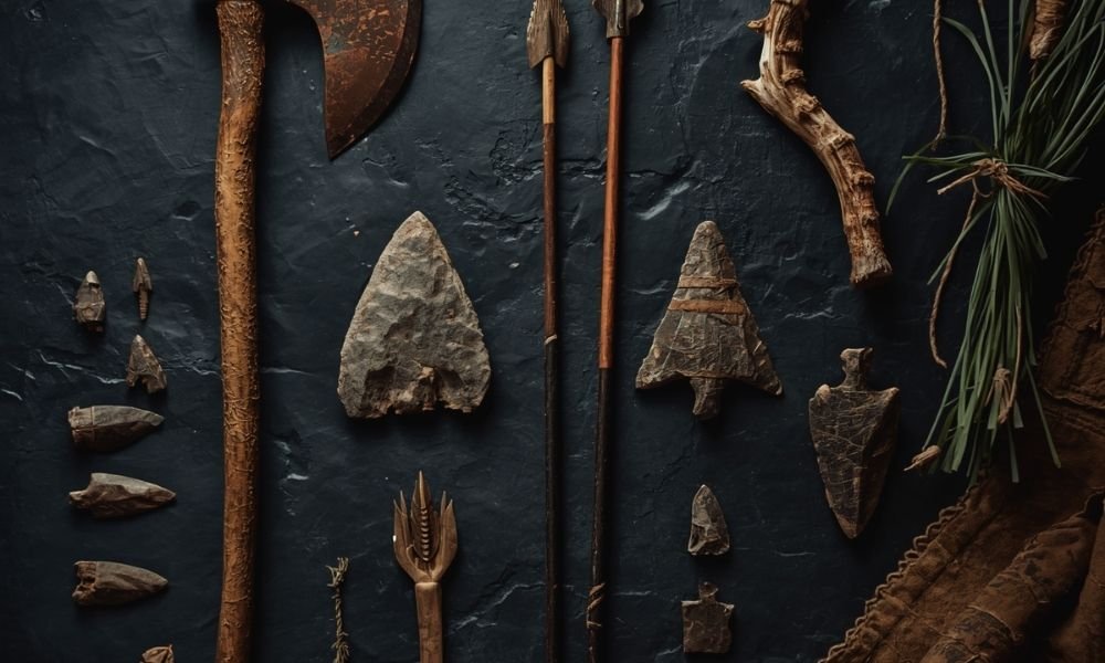 Neolithic Stone Age artifacts including copper axe and flint arrowheads similar to those found with Ötzi the Iceman, South Tyrol Museum of Archaeology Bolzano