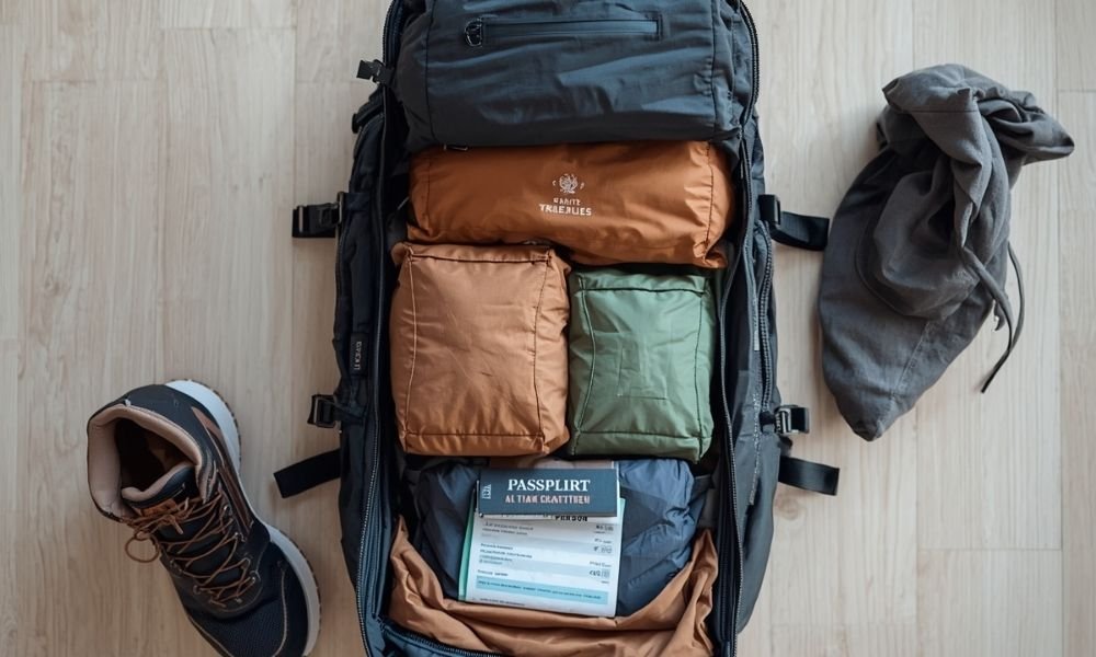 Perfectly packed open travel backpack photographed from above with neatly stacked packing cubes in earth tones hiking boots beside the bag and a passport and printed checklist resting on the outside pocket