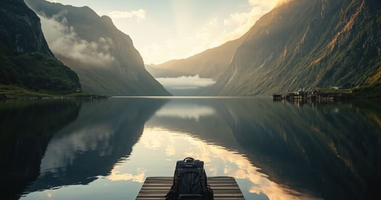 A travel backpack resting on a wooden dock overlooking a dramatic Norwegian fjord at golden hour with misty cliffs reflected in still water