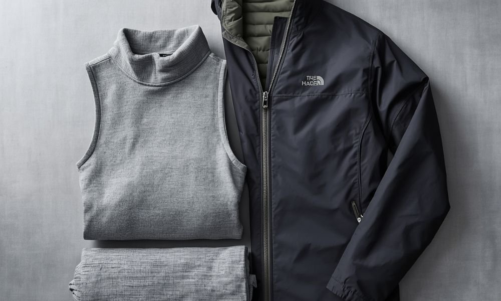 Flat lay of the three-layer Scandinavia packing system showing a merino wool base layer, fleece mid layer, and waterproof shell jacket arranged on a grey linen surface