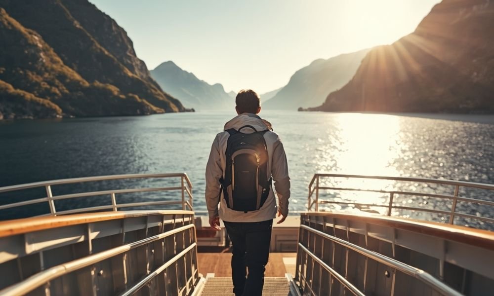 Traveler seen from behind stepping off a ferry onto a sun-warmed Norwegian dock wearing a light waterproof jacket with a carry-on backpack and a fjord stretching ahead in golden afternoon light