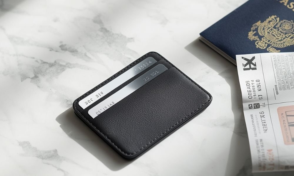 Slim travel wallet placed on a white marble surface showing contactless bank cards and a boarding pass beside a passport for cashless Scandinavia travel across Norway Finland Denmark and Sweden