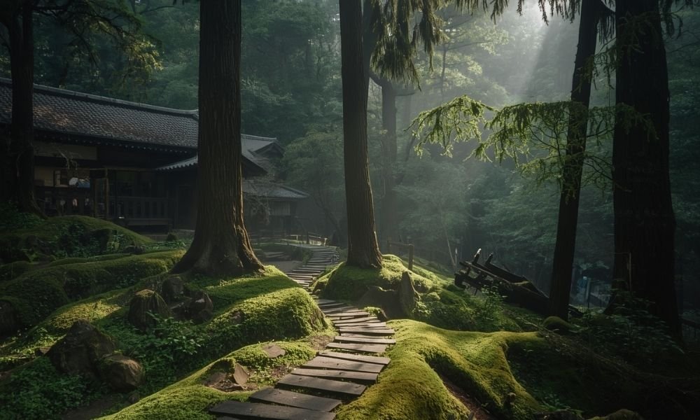 Peaceful hidden Kyoto destination featuring a moss-covered temple garden surrounded by lush forest and traditional Japanese architecture.