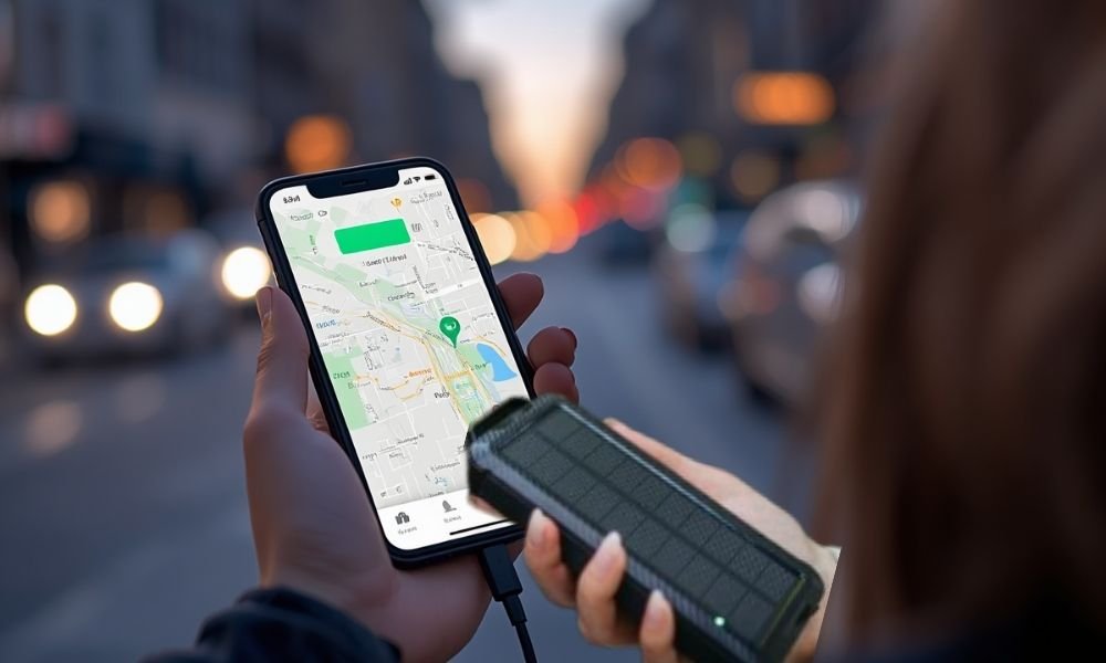 Woman holding a 20000 mAh portable power bank charging a phone with map displayed, dusk city street background
