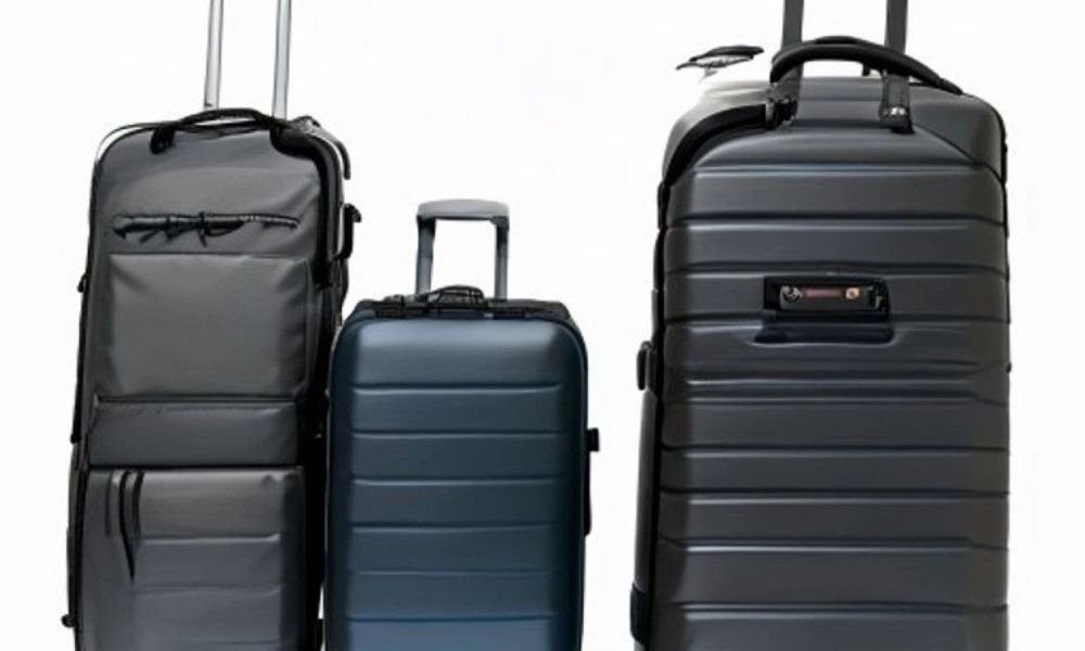 Three types of travel luggage side by side: a 40-litre carry-on backpack, a wheeled carry-on suitcase, and a large checked travel bag on a white background