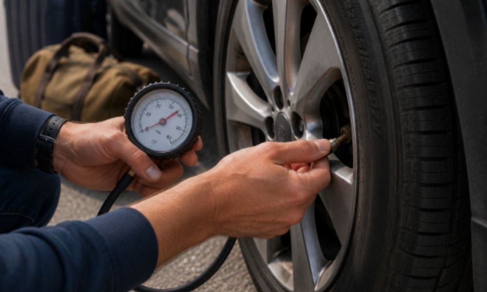 A close-up of a driver checking a car's tire pressure before departing on a long driving trip.