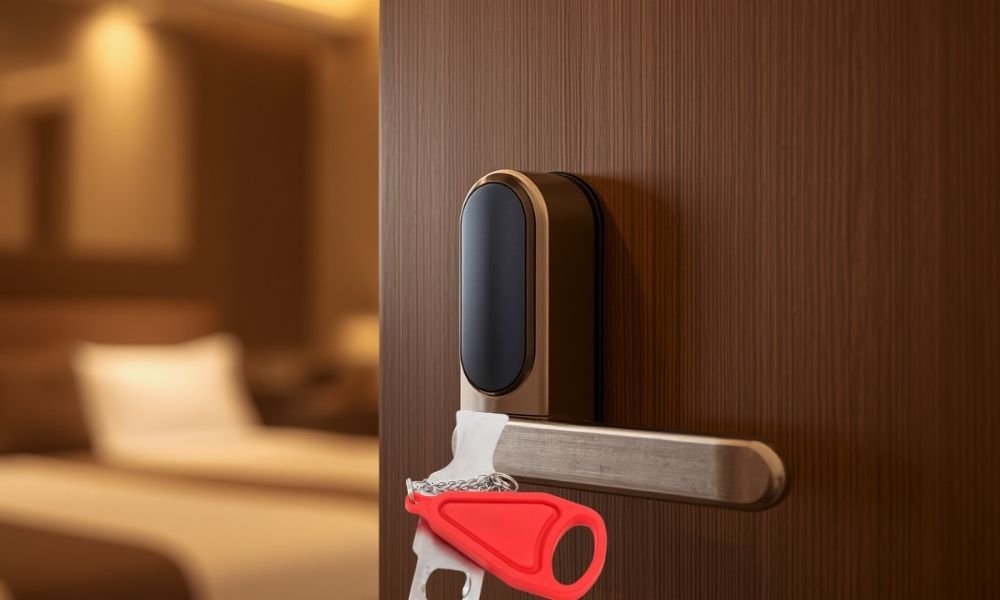 A portable door lock security device installed on a hotel room door for added solo travel safety.