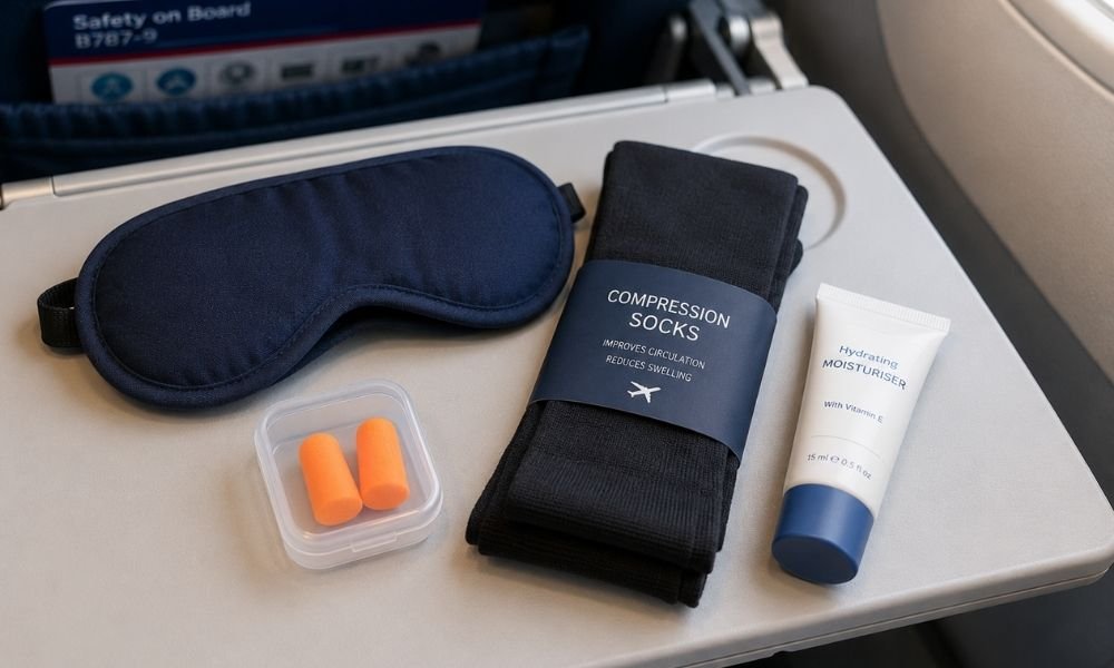 Airplane tray table with a sleep mask, foam earplugs, compression socks, and travel-size moisturiser arranged ready for a long-haul flight