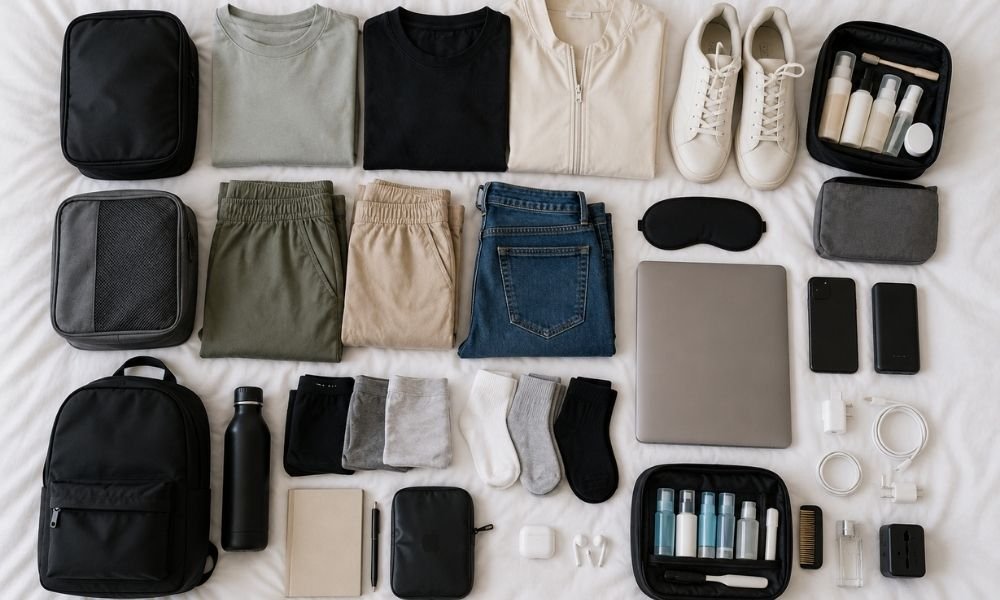 All travel items laid out flat on a white bed before packing, including clothing, shoes, tech accessories, and toiletries