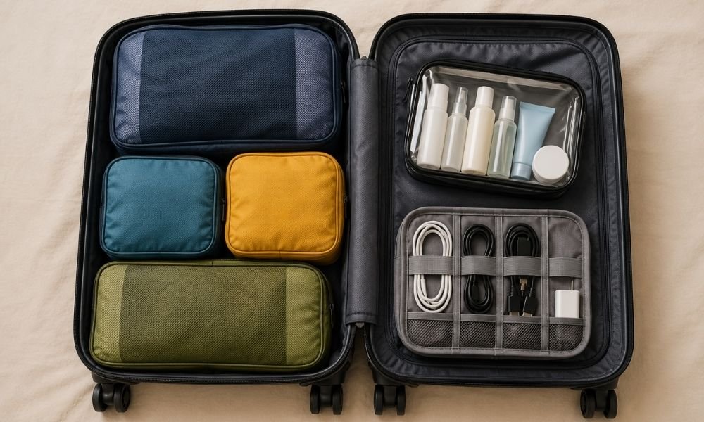 Open carry-on suitcase neatly packed with colour-coded compression packing cubes, a clear toiletry bag, and a cable organiser pouch