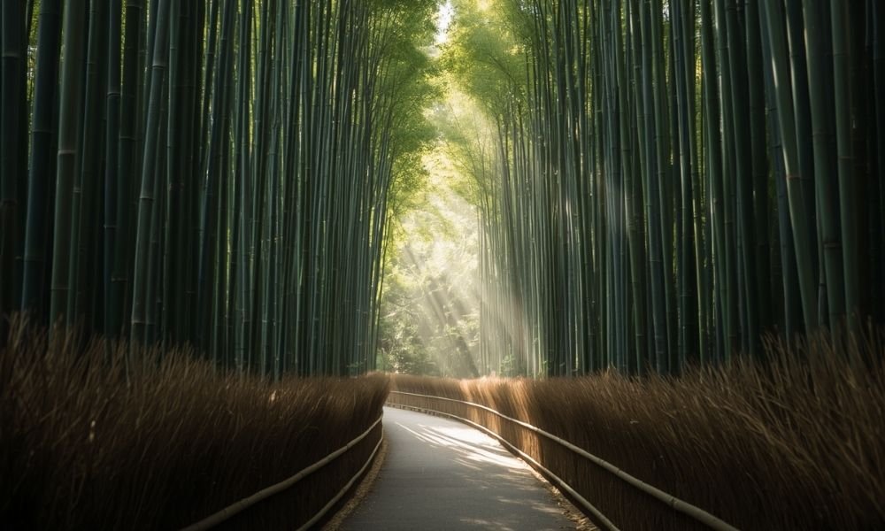 `Sunlight filtering through the Arashiyama Bamboo Grove path in Kyoto`