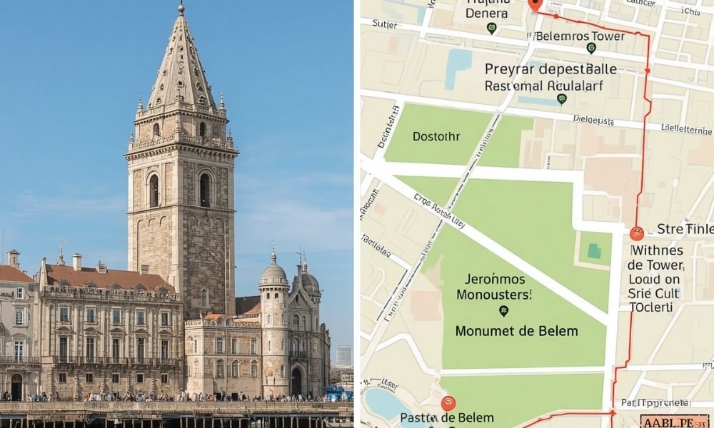 `Map of Belém district in Lisbon showing Belém Tower, Jerónimos Monastery and Monument to the Discoveries within walking distance`