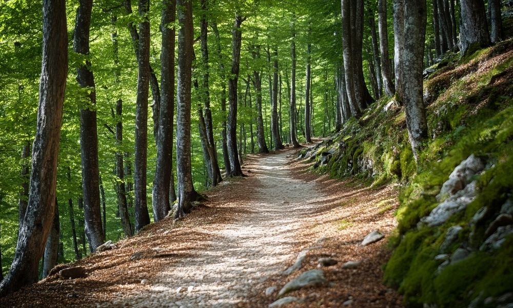edar forest path on Kurama mountain hike in Kyoto, towering trees on both sides, stone steps moss-covered, dappled light, no people visible