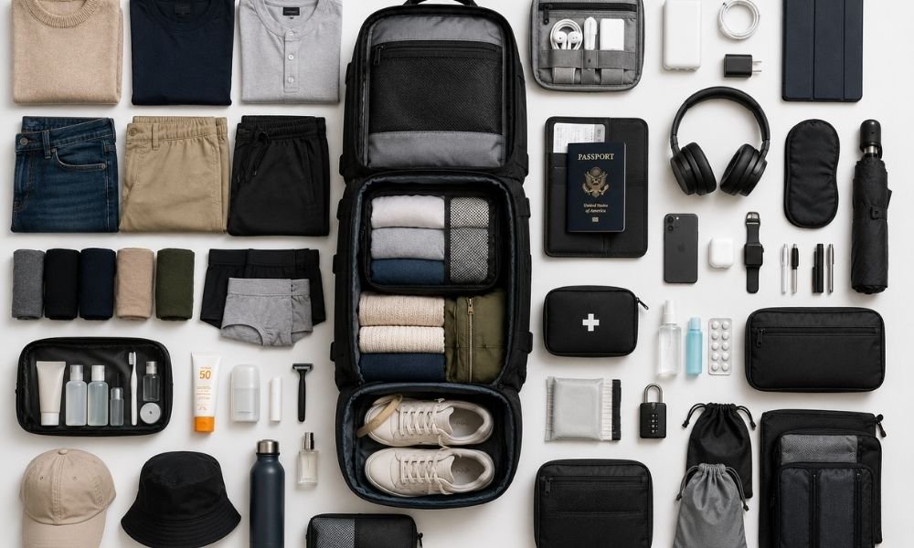 Complete travel luggage checklist flat-lay showing all packing categories: clothing, tech accessories, passport, health items, safety gear, and bag organisation products arranged overhead on a white surface