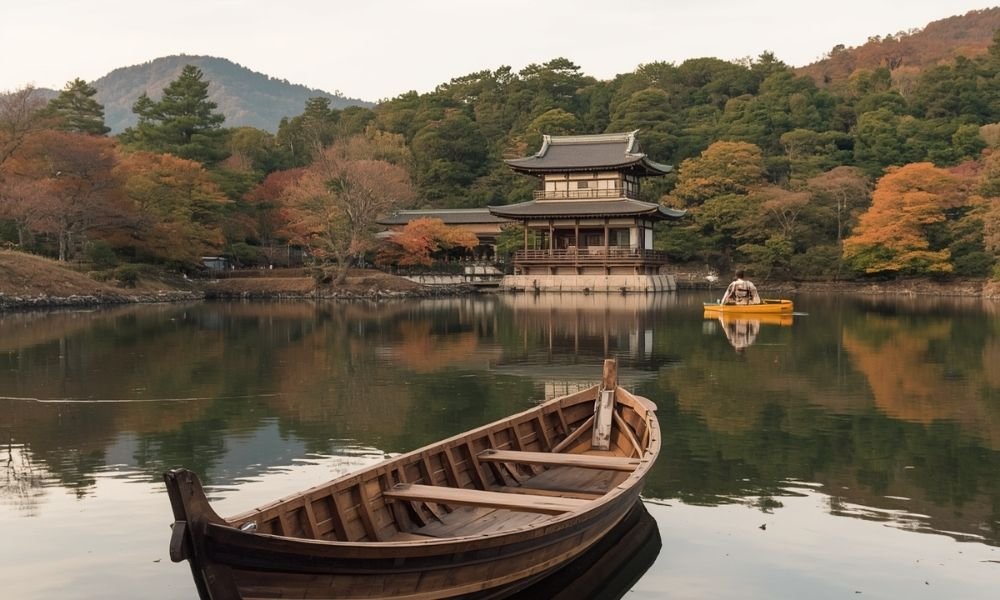 Wooden rowboat on Osawa Pond at Daikaku-ji temple in Kyoto, pagoda reflected in still water, autumn foliage on shore, person paddling in distance