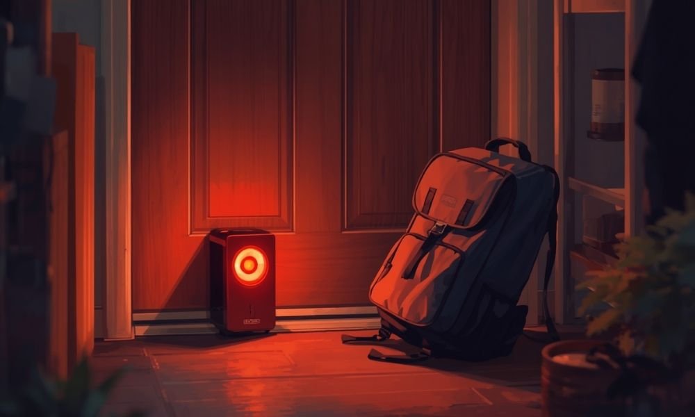 Door stop alarm wedged under a hostel door with red LED indicator glowing, backpack visible in background