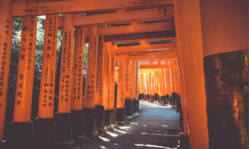 Empty torii gate tunnel at Fushimi Inari Shrine in early morning light, Kyoto