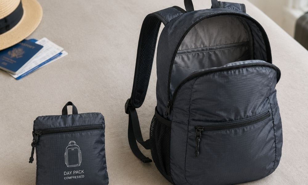 Foldable travel day pack shown compressed into its own small stuff pocket beside the same bag fully expanded and open